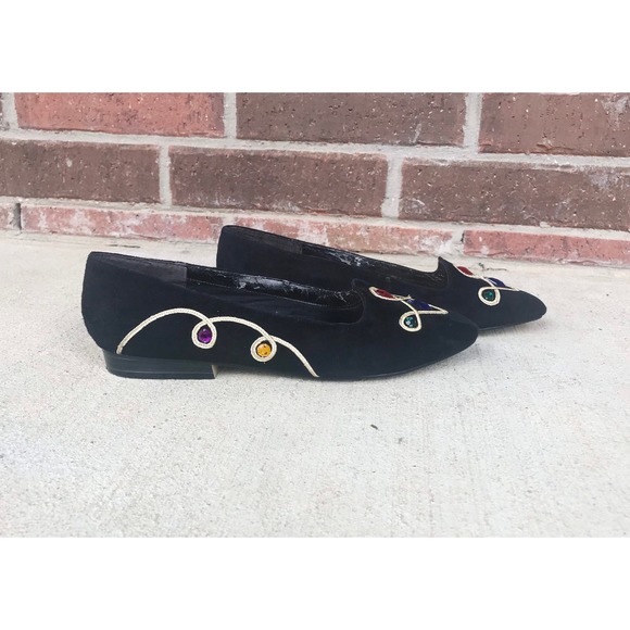 vintage 80s COLORFUL JEWELS black suede pointy FLATS unique avant garde rainbow - Picture 4 of 10